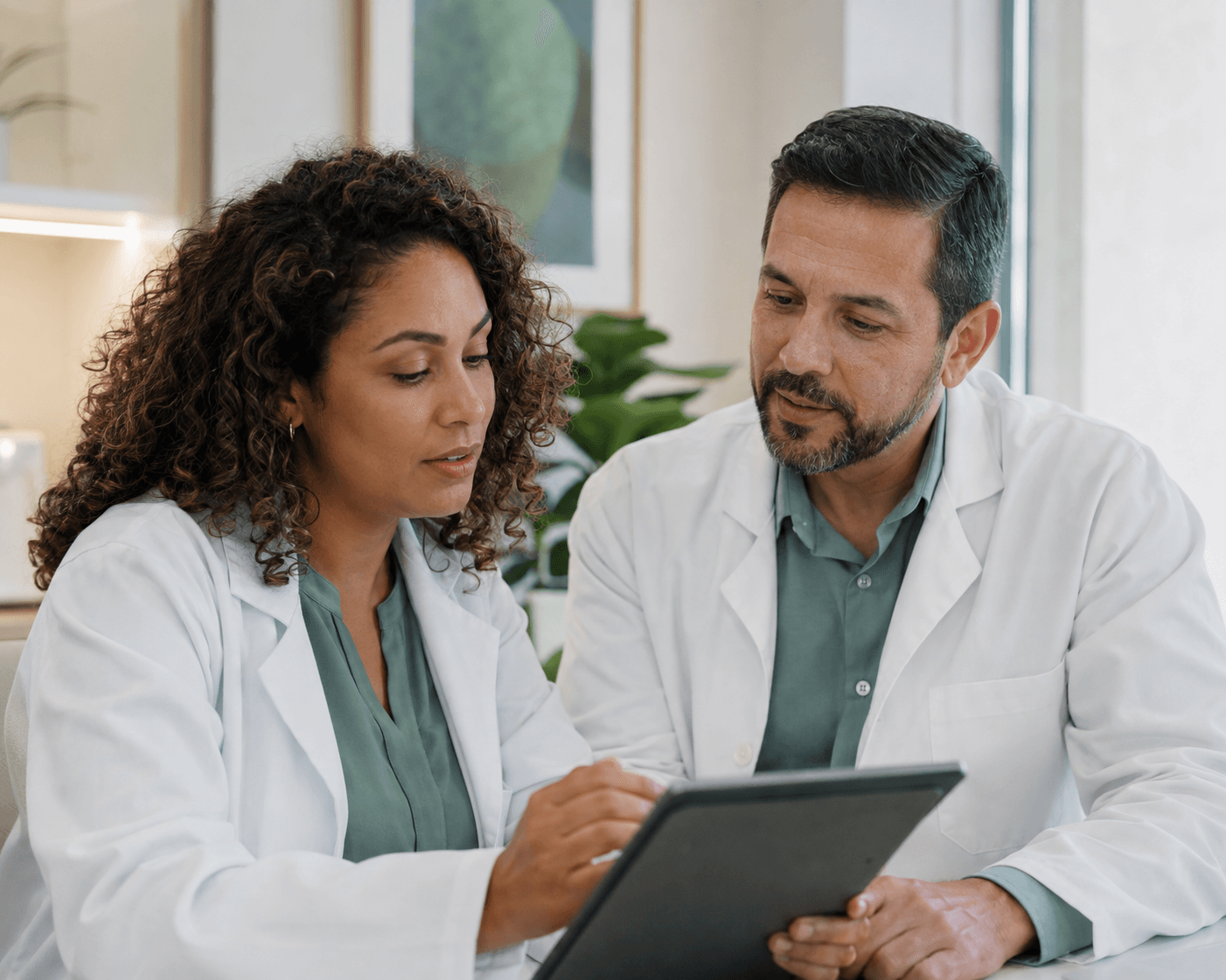 Imagem ilustrativa de dois médicos conversando enquanto consultam um tablet.